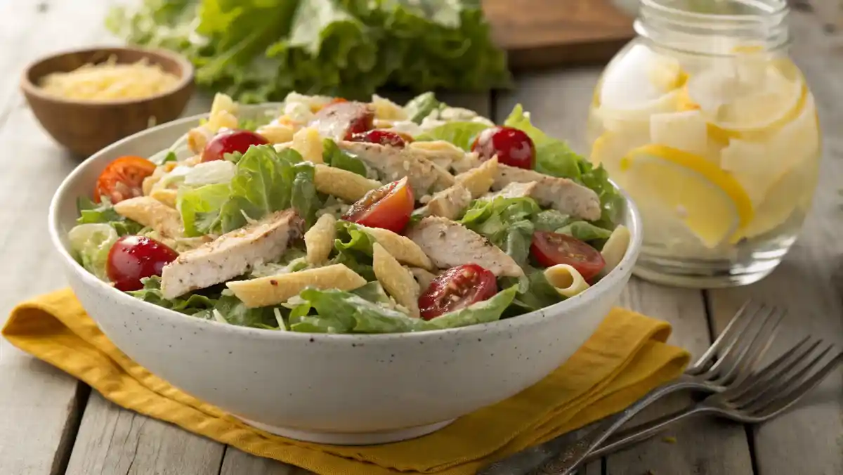 A bowl of delicious Chicken Caesar Pasta Salad with fresh ingredients.