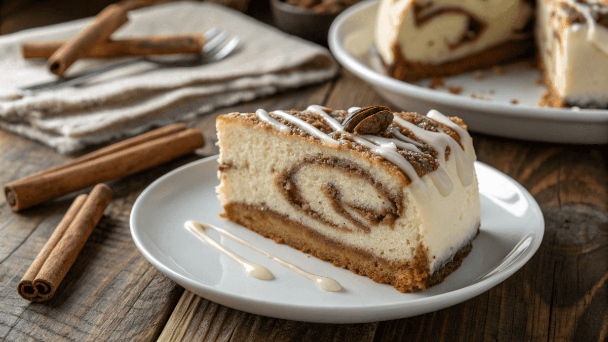 Slice of cinnamon roll cheesecake with cream cheese glaze and cinnamon swirl.