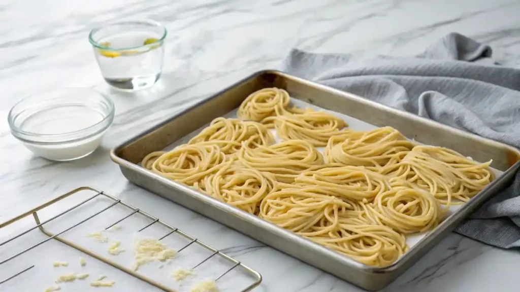 Cooling cooked pasta on a tray after boiling.