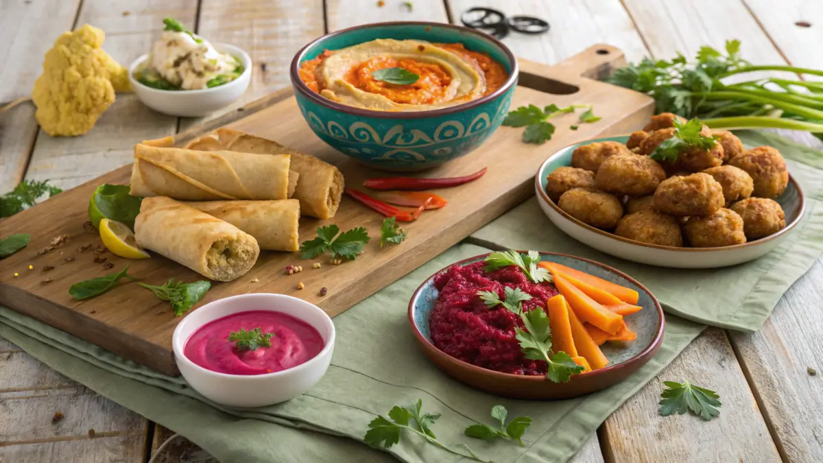 Colorful spread of vegan appetizers on a rustic table.