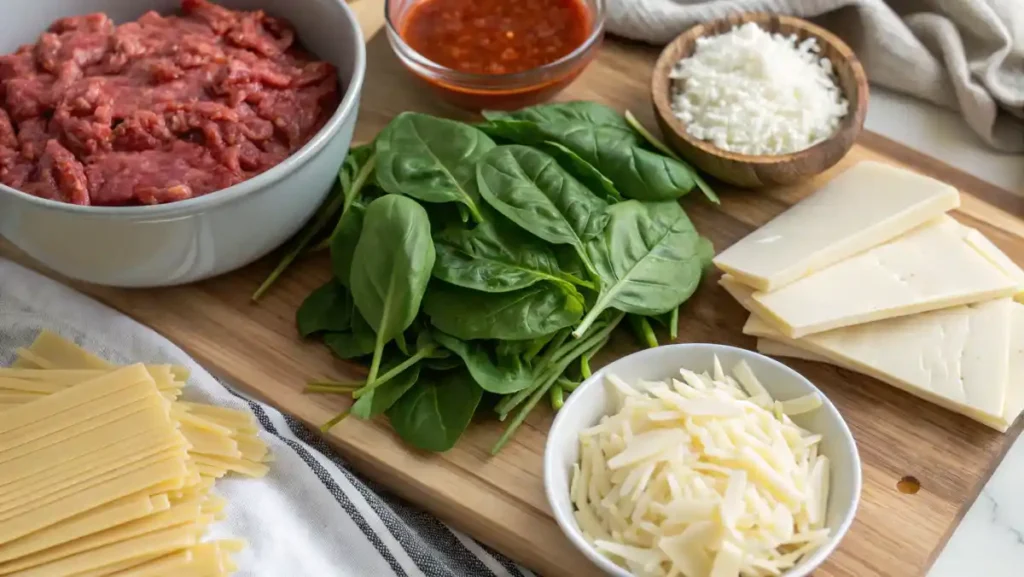 Ingredients for spinach and meat lasagna on a wooden board.