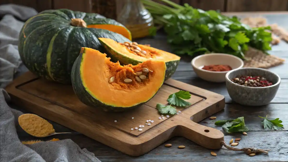 Kabocha squash sliced open with orange flesh and green rind.