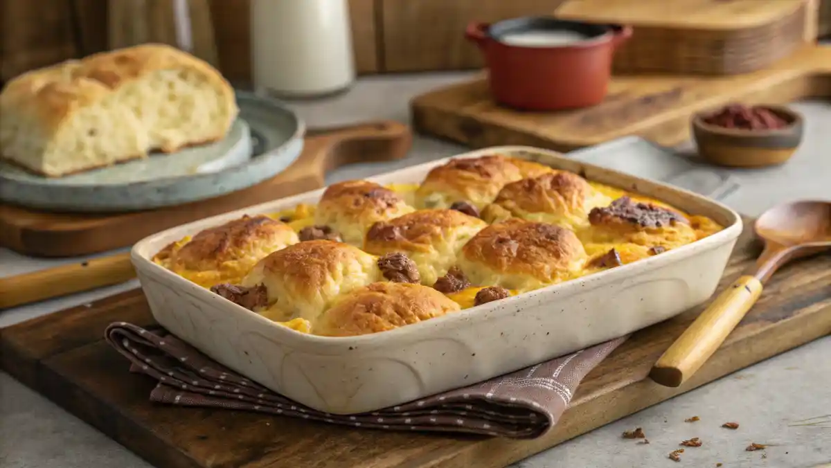 Golden biscuit breakfast casserole with cheese and sausage.