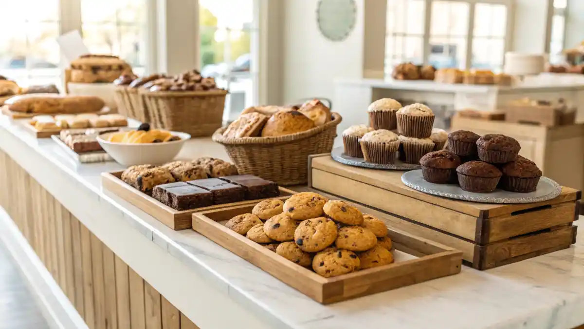 A display of gluten-free baked goods, including cookies and muffins, on a bakery counter.