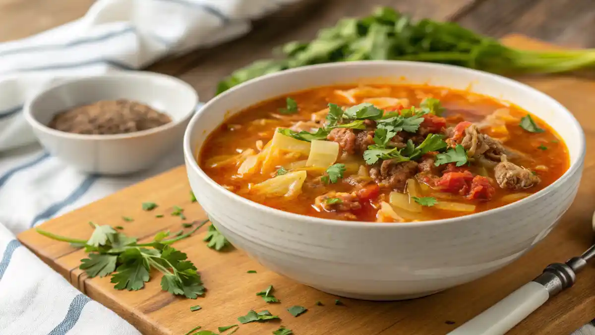 Bowl of cabbage soup with ground beef