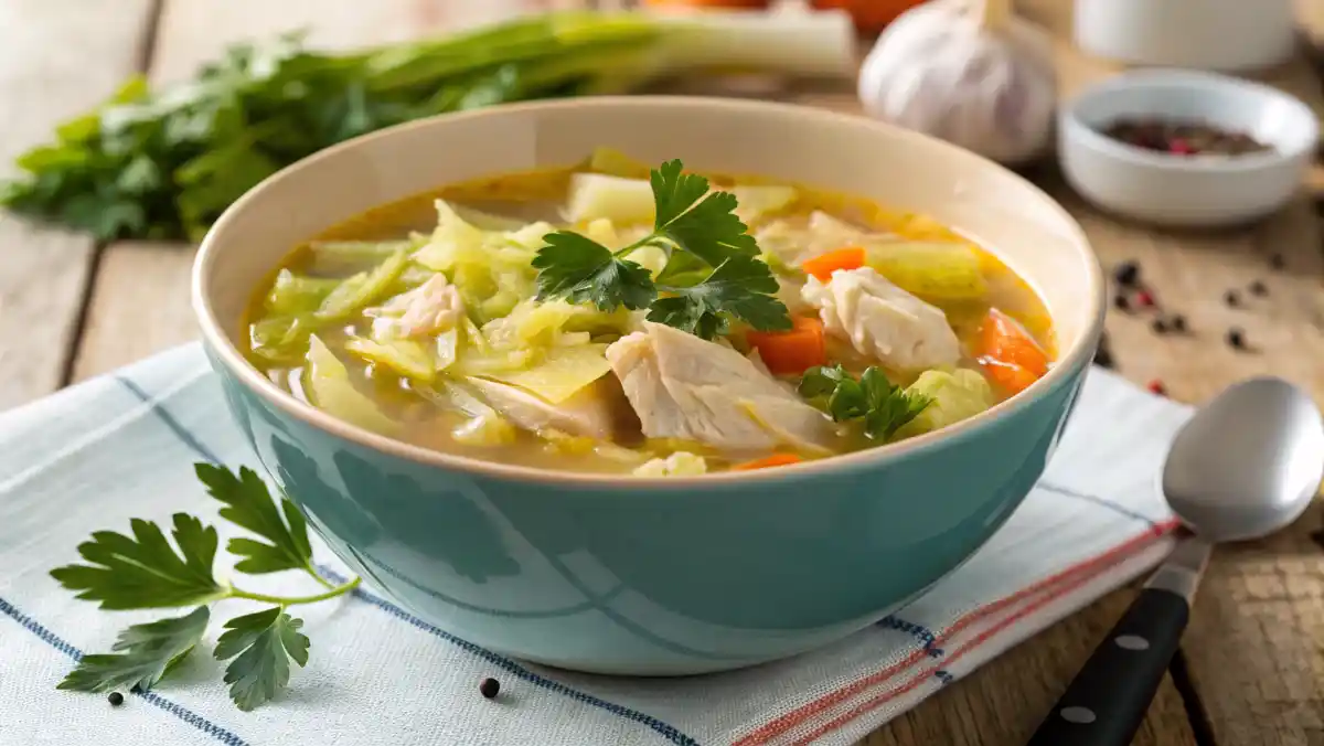 Chicken and cabbage soup in a bowl