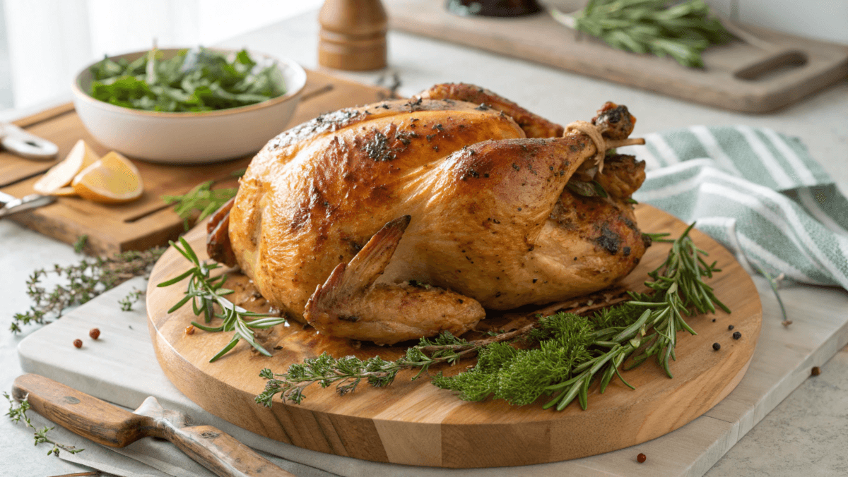 Golden herb roasted chicken on a rustic platter