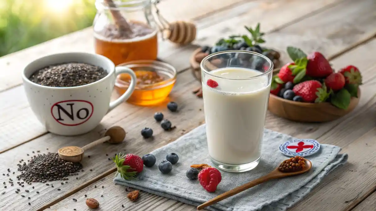 Glass of kefir with berries and honey, alongside hot tea labeled as unsuitable.