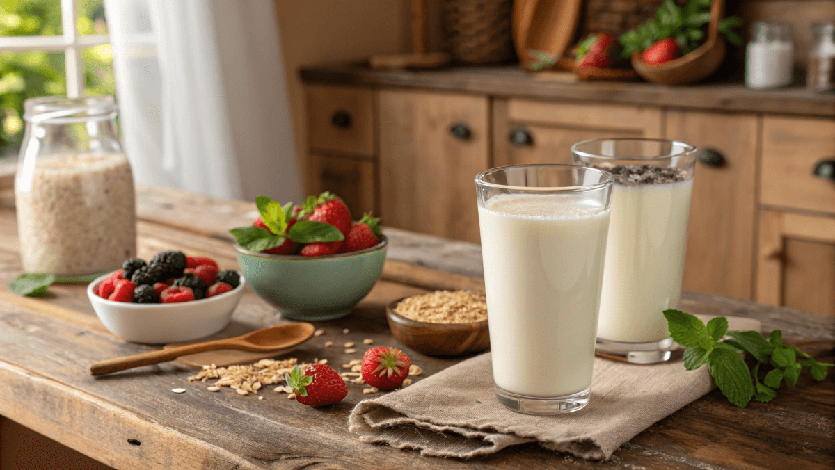 Kefir poured into a blender with strawberries and honey.