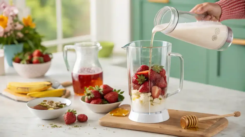 Kefir poured into a blender with strawberries and honey.