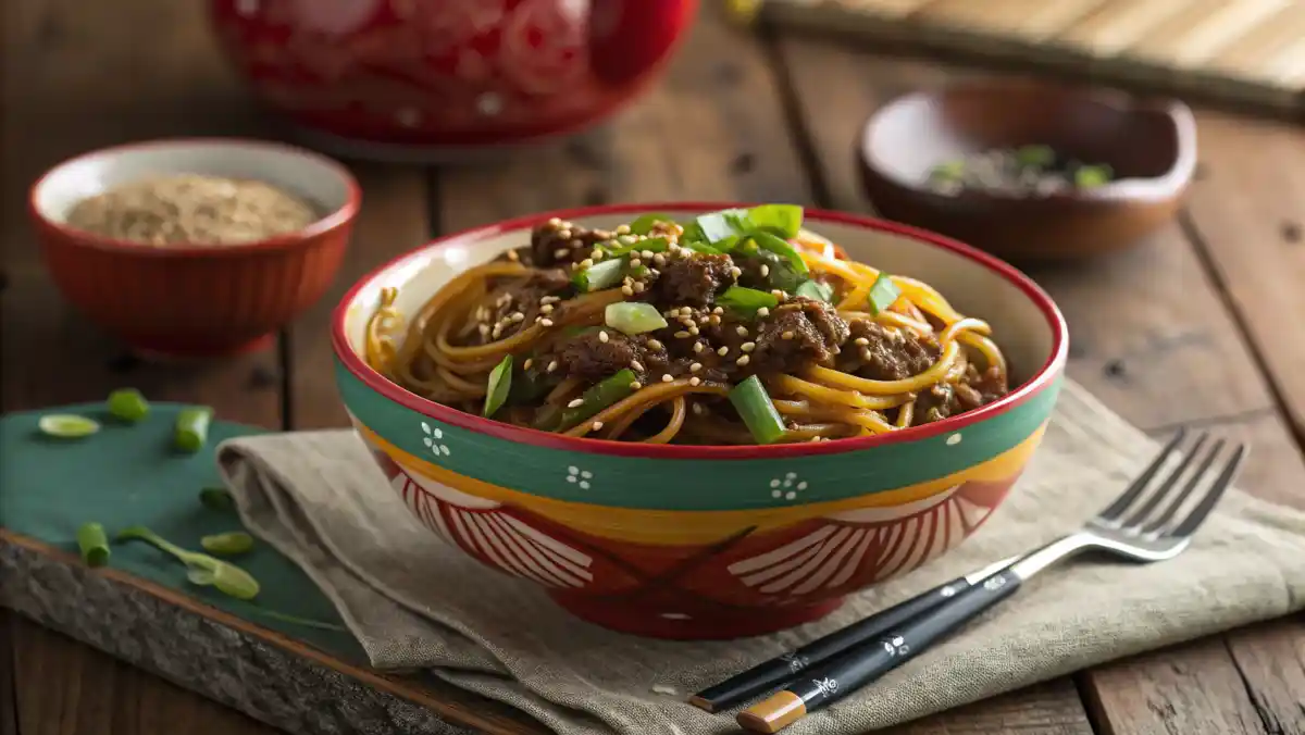 Mongolian ground beef noodles garnished with green onions.