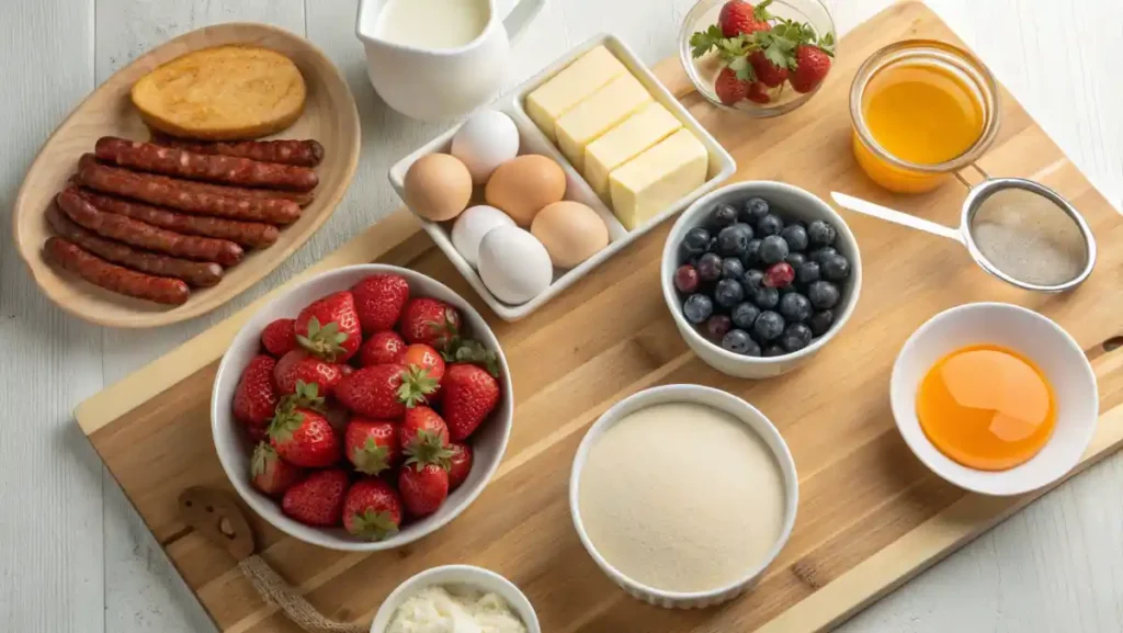 Ingredients for pancake breakfast casserole arranged on a countertop.