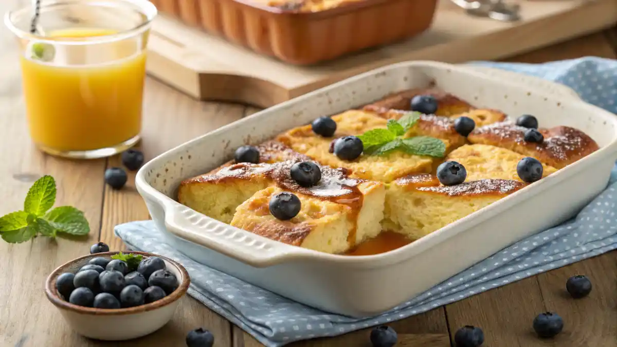 Golden pancake breakfast casserole with blueberries and syrup.