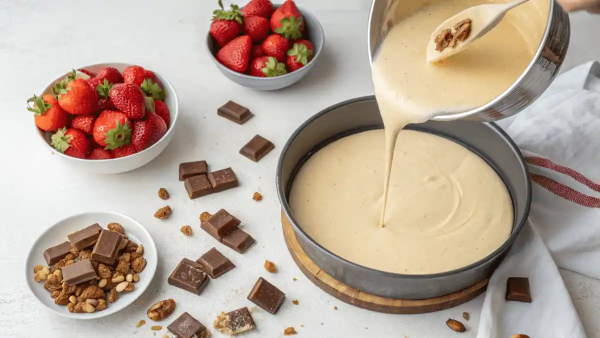 Whole Snickers strawberry cheesecake with strawberries and caramel drizzle