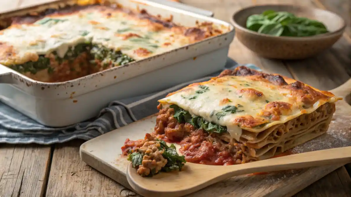 Freshly baked spinach and meat lasagna with golden cheese