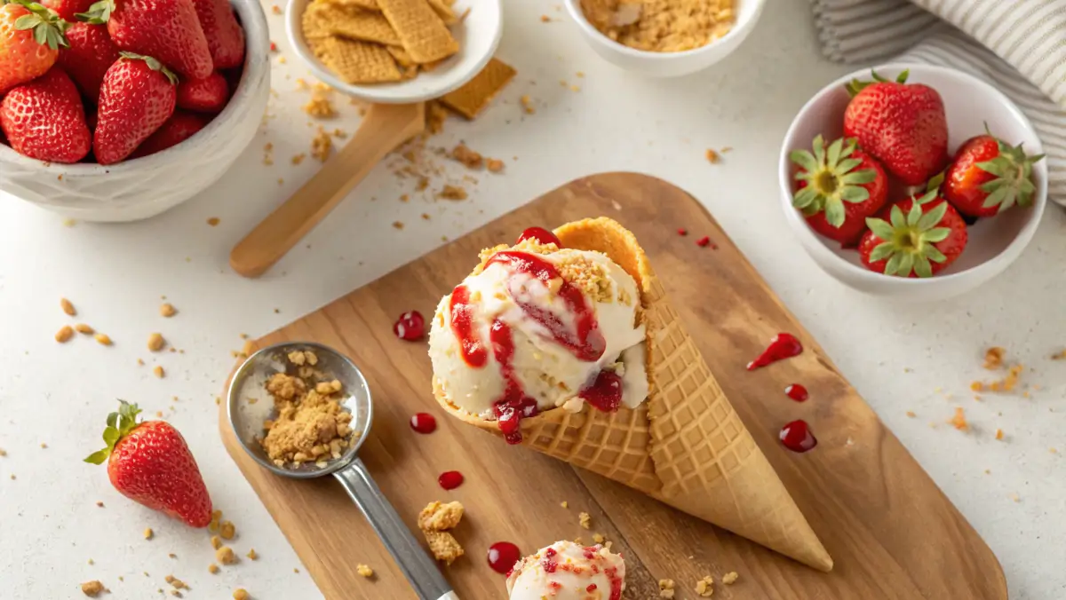 Strawberry Cheesecake Ice Cream in a waffle cone with strawberries and graham cracker crumbs.