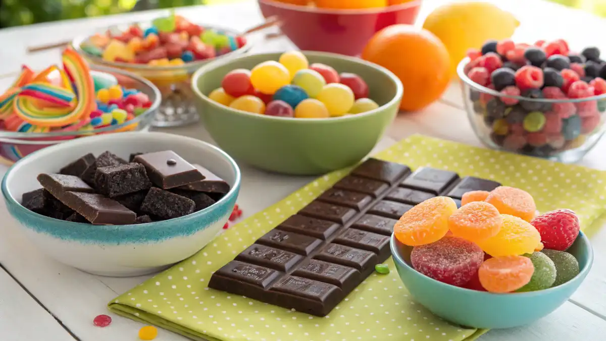 Gluten-free sweets including chocolate, fruit, and gummy candies on a festive table.