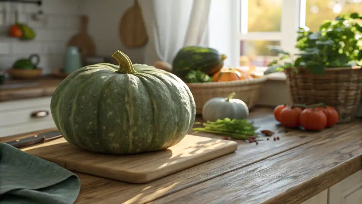 Whole kabocha squash with green rind on a wooden counter.