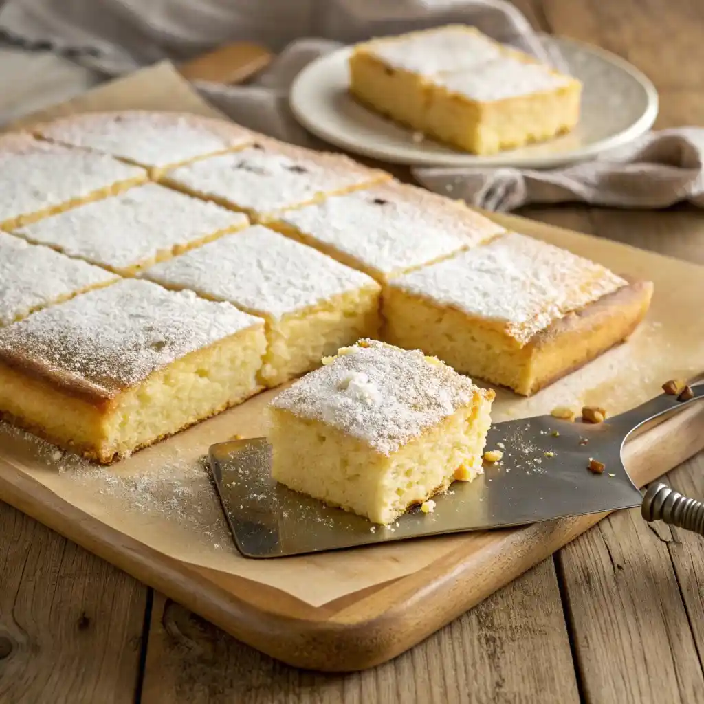 Freshly baked sheet cake with cream cheese frosting, sliced and ready to serve