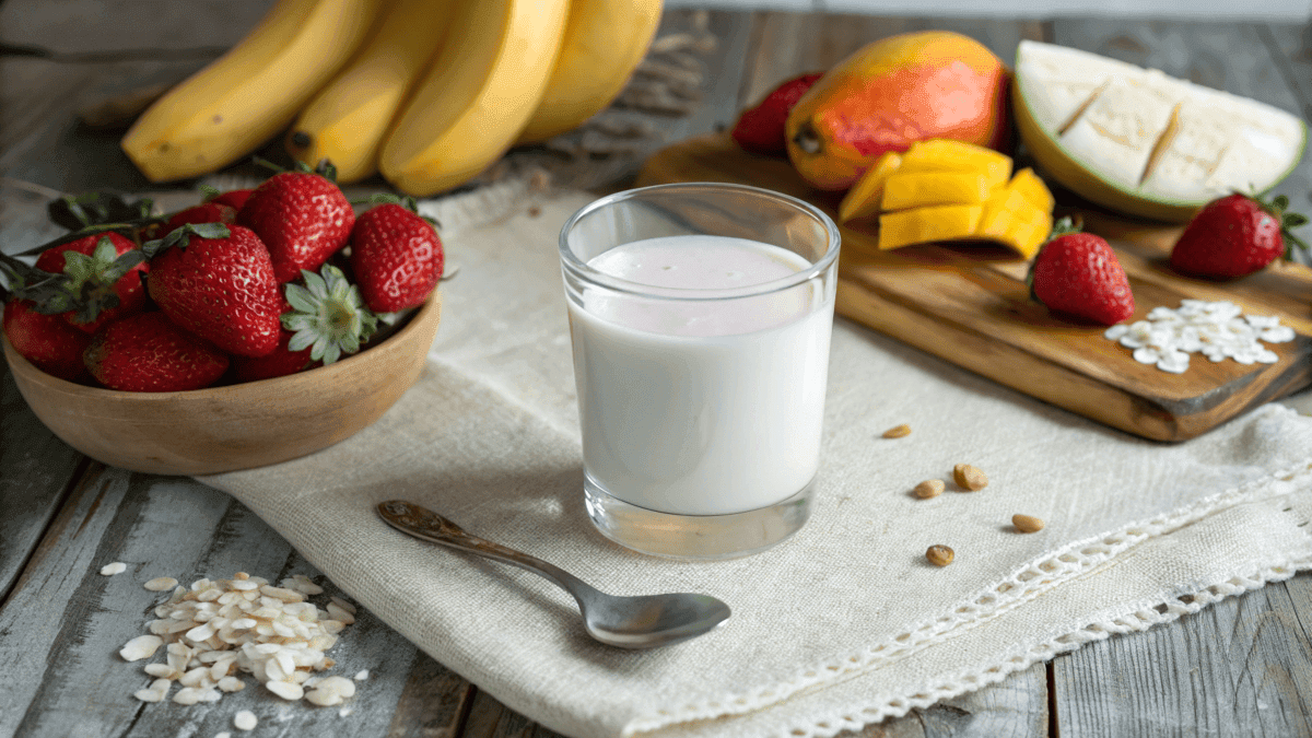 A glass of kefir with fresh fruits and kefir grains.