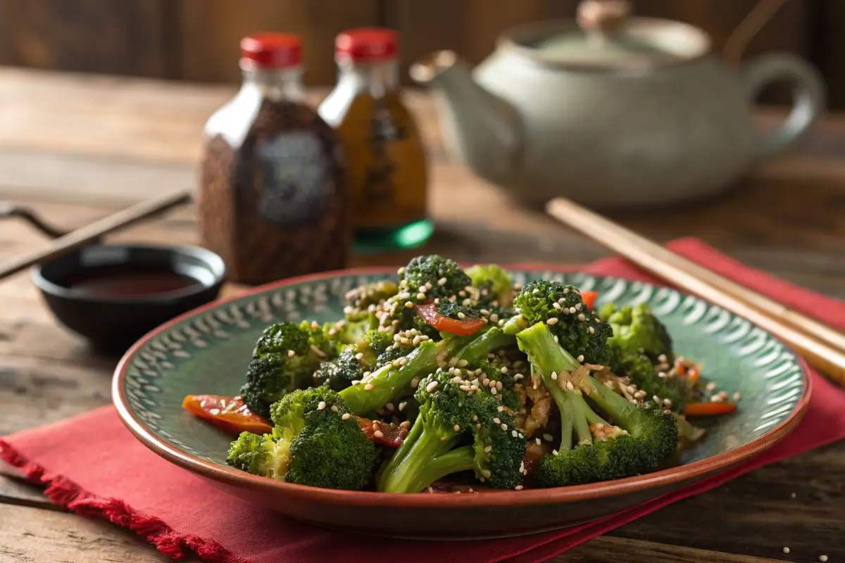 Stir-fried broccoli with soy glaze and sesame seeds