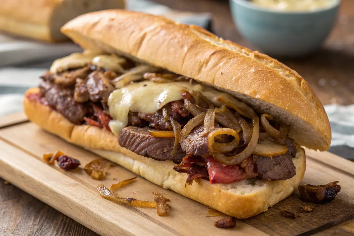 Philly cheesesteak sandwich with steak, cheese, and caramelized onions