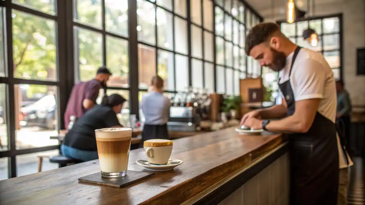 Barista preparing a cortado coffee in a cozy café.