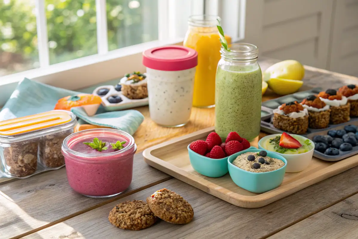 Portable protein breakfast spread with smoothies, bars, and muffins.