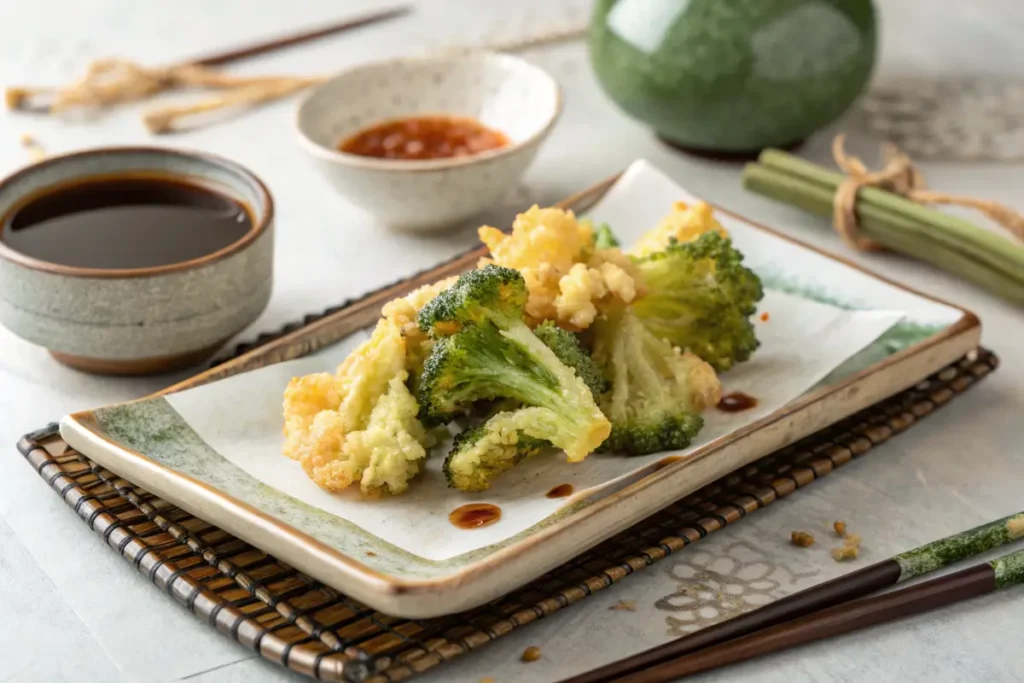 Crispy broccoli tempura on a Japanese plate