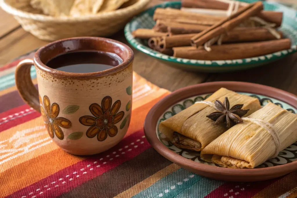 Café de olla with sweet tamales on a colorful tablecloth.