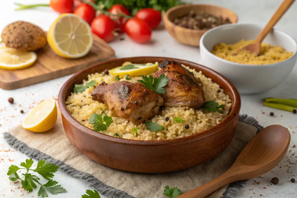 Chicken and rice served with fresh parsley and lemon