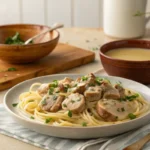 Chicken sausage pasta served with a bowl of chicken broth in a cozy kitchen.