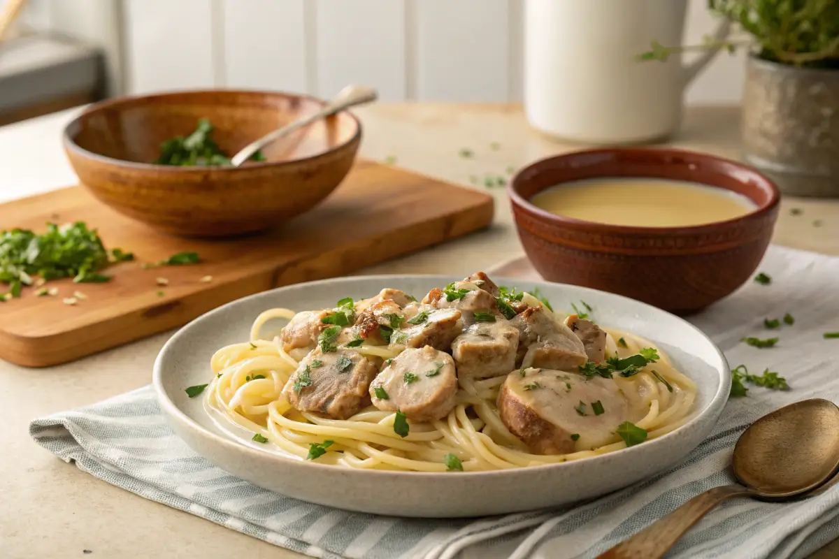 Chicken sausage pasta served with a bowl of chicken broth in a cozy kitchen.