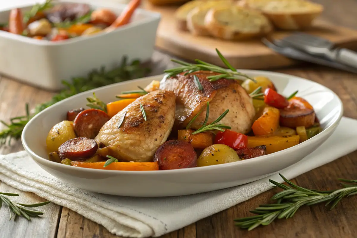 Chicken and sausage with roasted vegetables on a white plate.