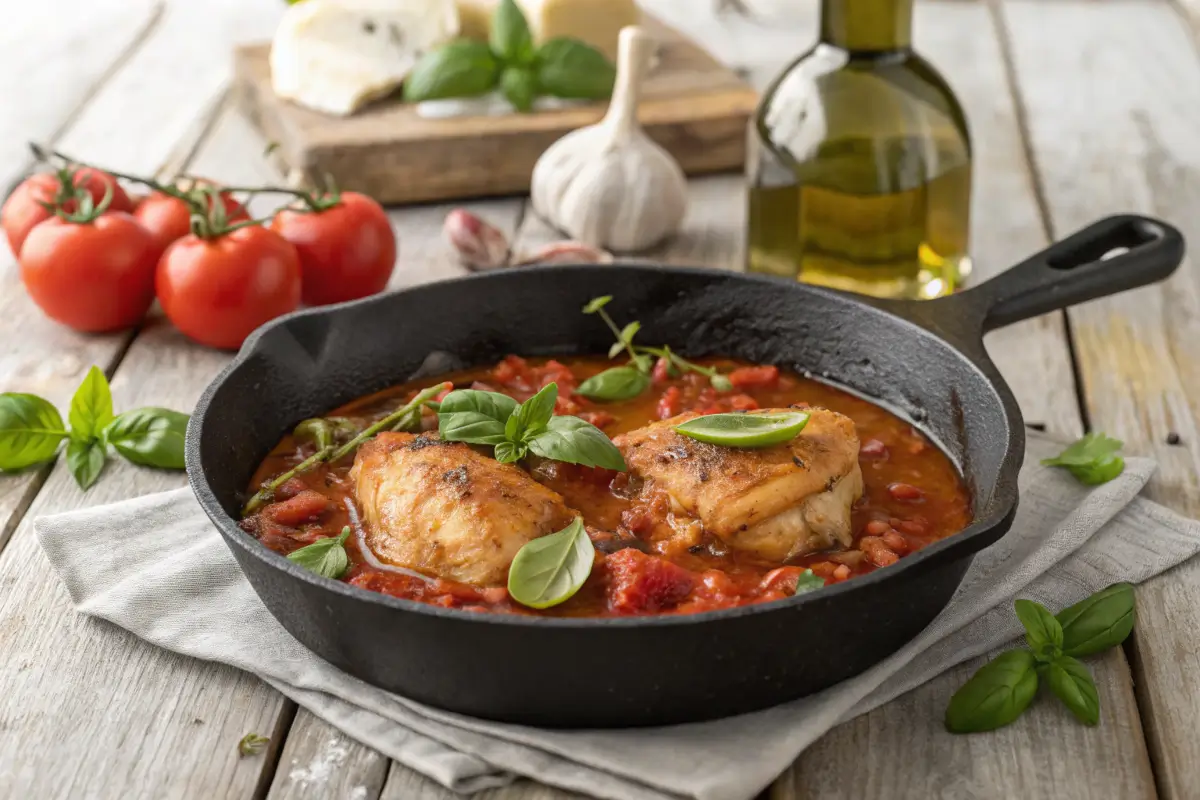 Chicken simmering in tomato sauce with fresh basil