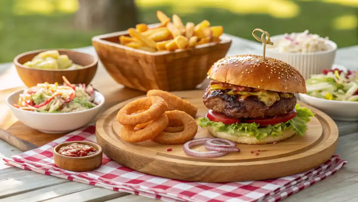 Burger with classic side dishes on a picnic table