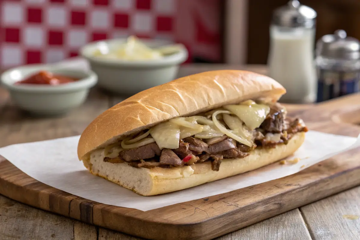 Philly cheesesteak sandwich with steak, melted cheese, and onions.