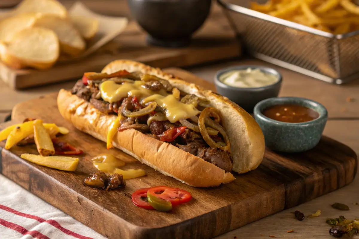 Classic Philly cheesesteak with cheese sauce and toppings.