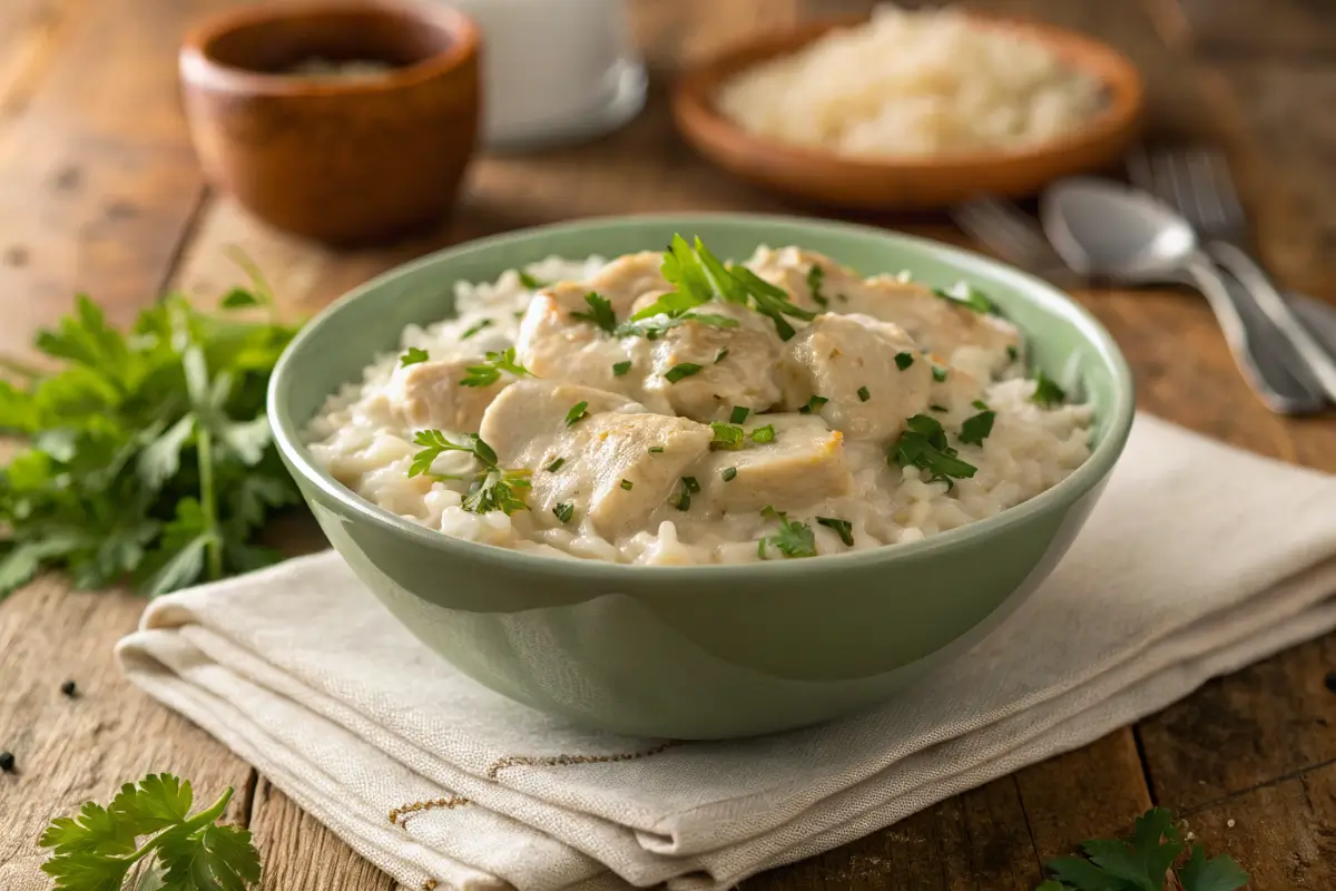 Creamy chicken and rice dish served in a rustic bow