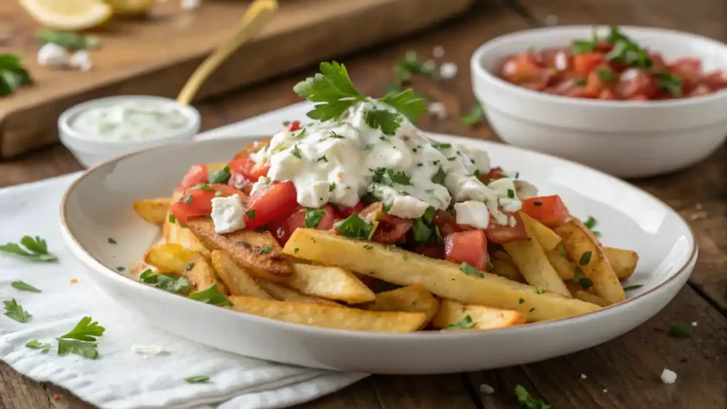 Loaded fries with tzatziki sauce, feta, and tomatoes.