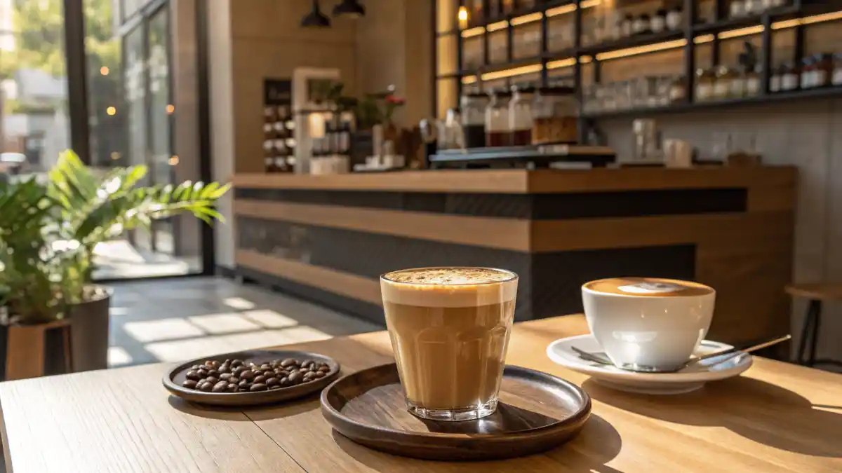 A cortado and a flat white side by side on a café table.