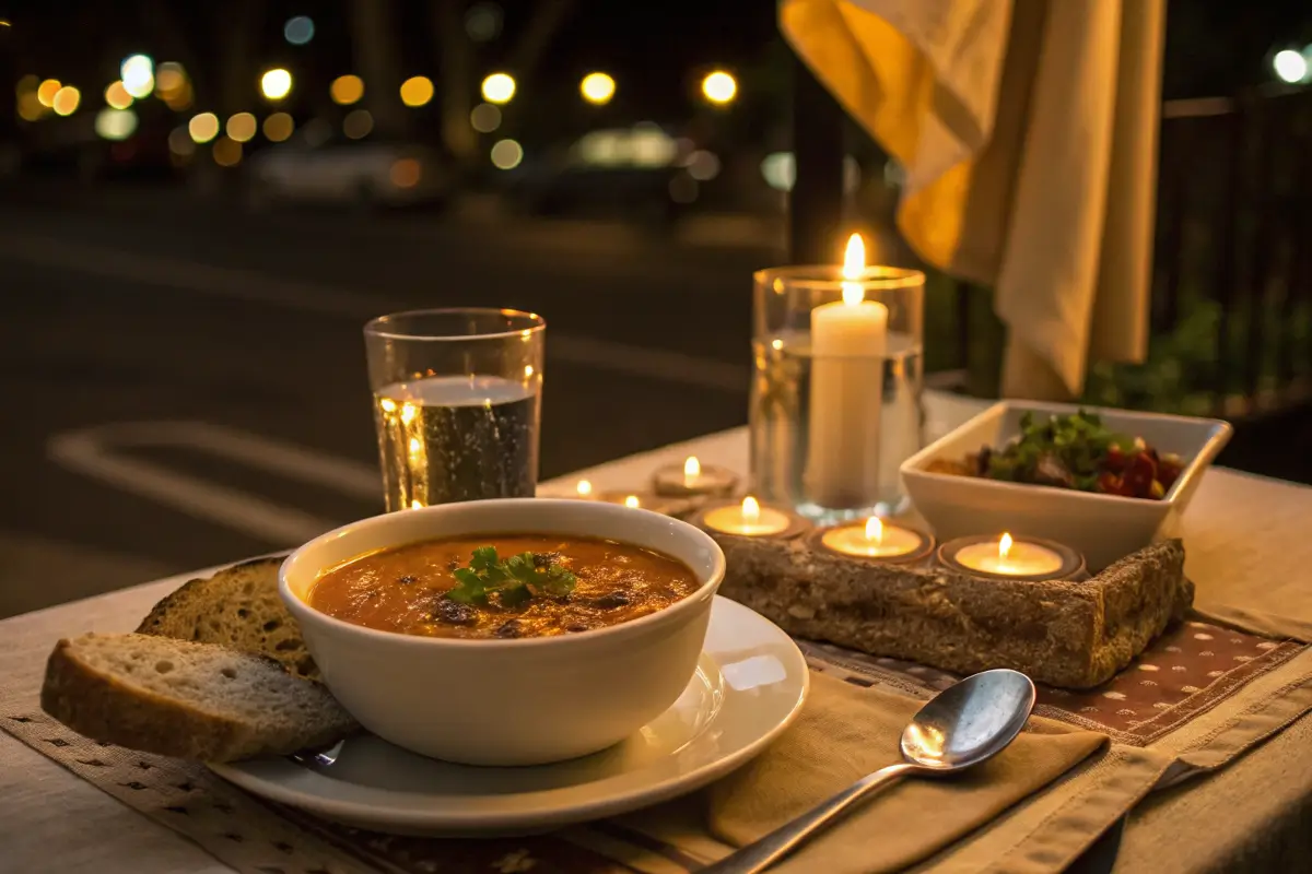 Nighttime dinner table with lentil soup and bread.