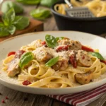 Creamy chicken and Italian sausage pasta served with fresh basil.