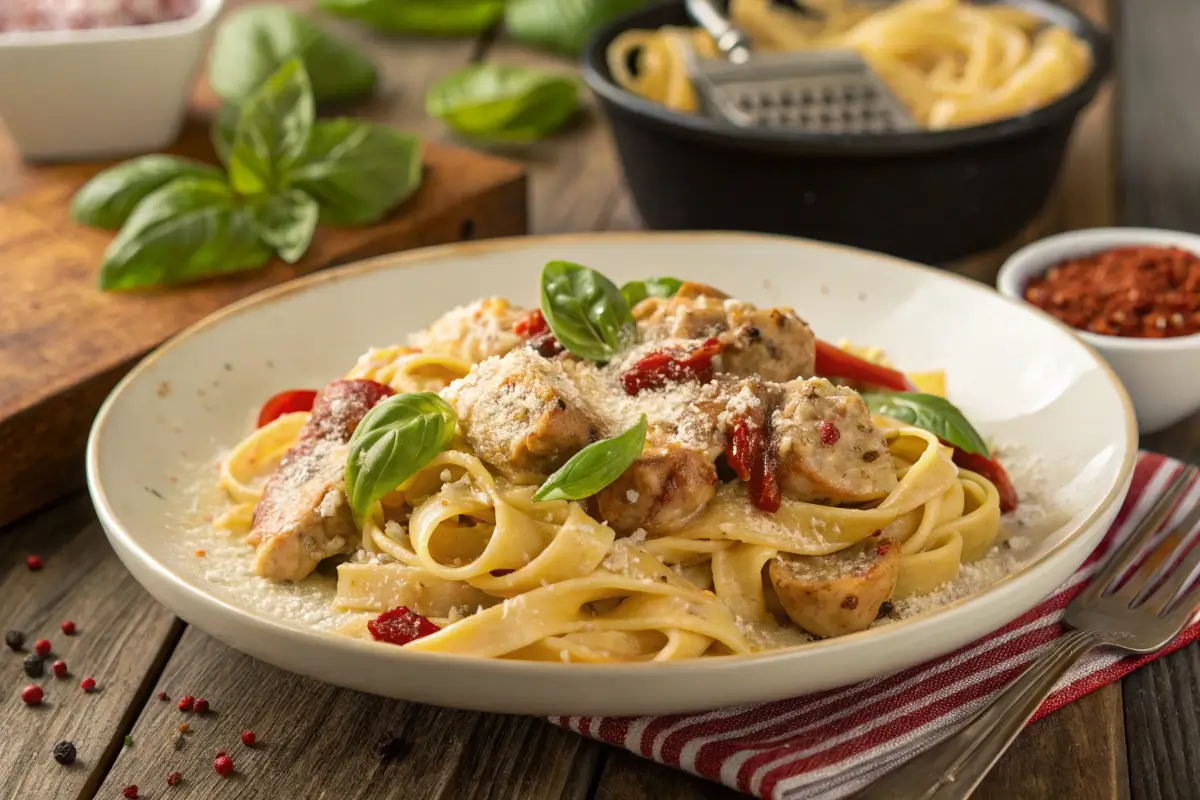 Creamy chicken and Italian sausage pasta served with fresh basil.