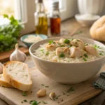 Bowl of creamy chicken and rice with fresh herbs and bread