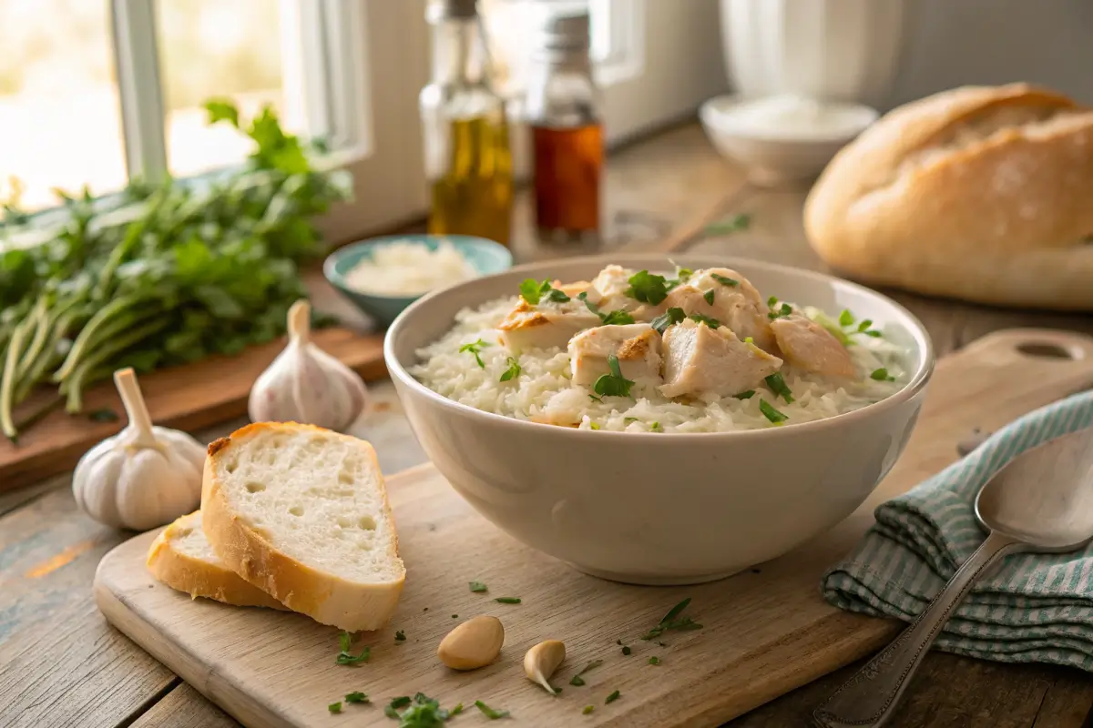 Bowl of creamy chicken and rice with fresh herbs and bread