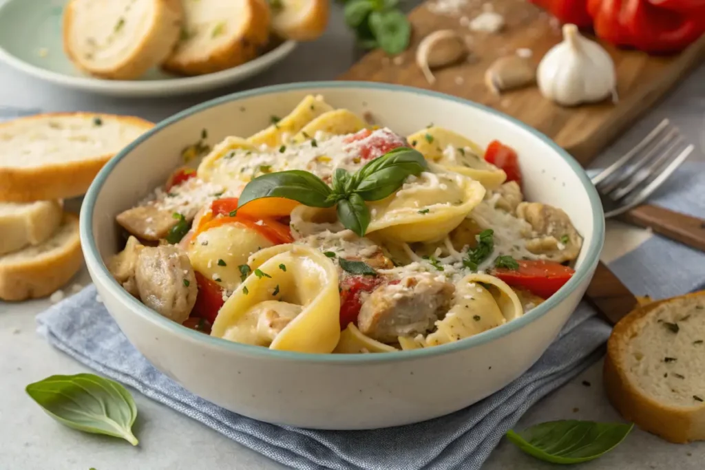 Creamy tortellini with chicken sausage and peppers in a bowl