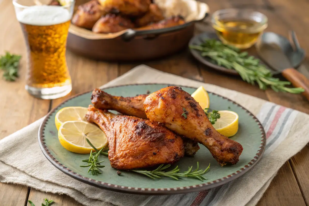 Crispy smoked chicken legs with golden skin on a plate