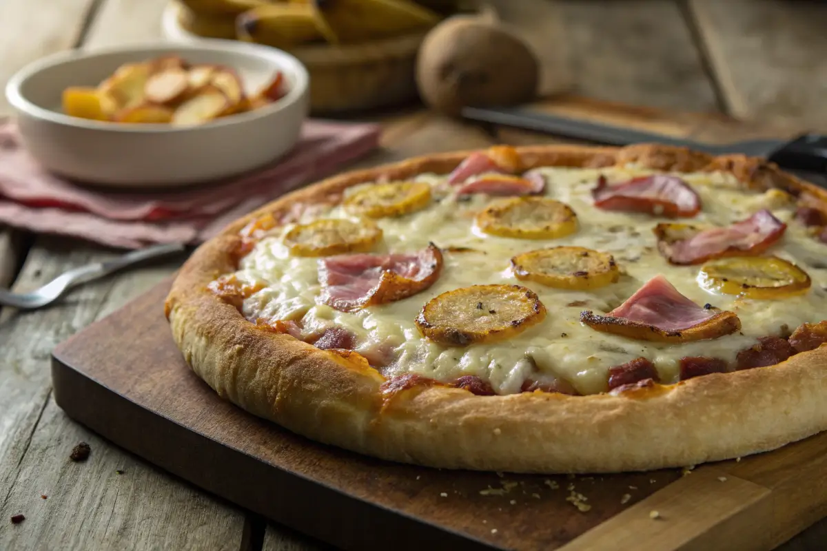 Freshly baked Cuban pizza with gooey cheese and toppings.