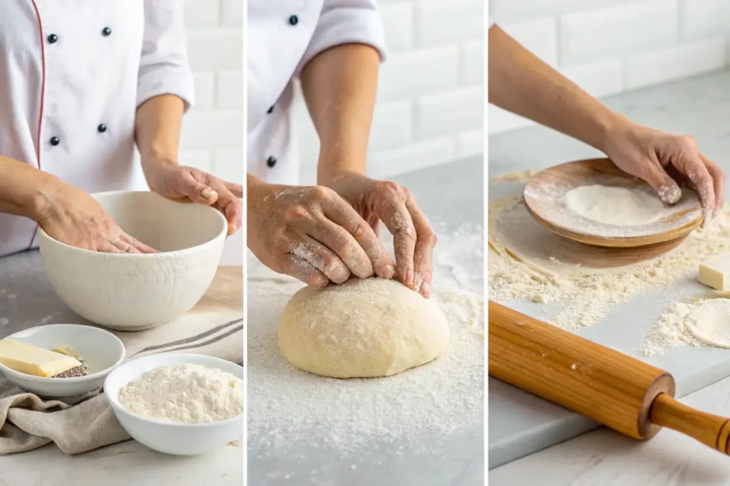 Making sweet Cuban pizza dough in a bright kitchen.